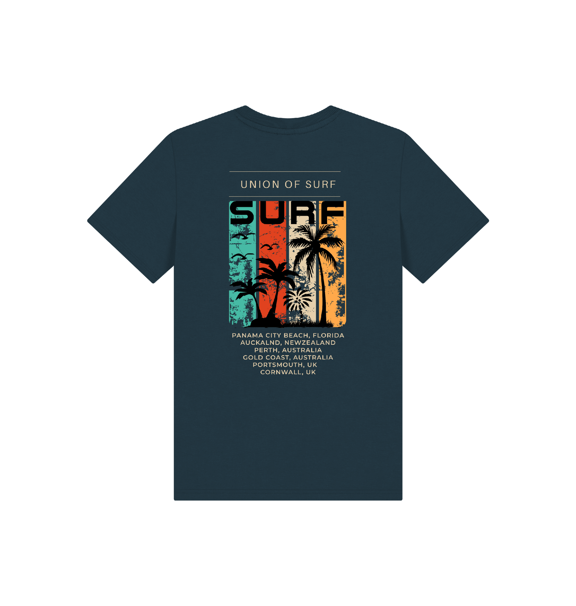 Organic cotton kids surf t-shirt with size guide for ages 3-12 years, eco-friendly and sustainably made