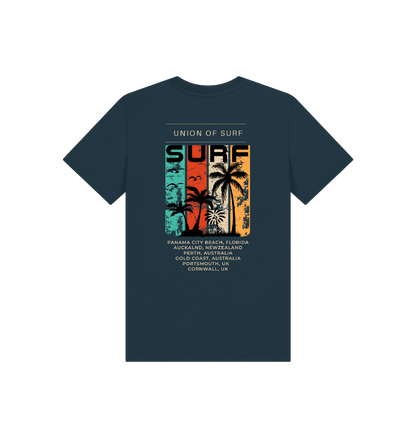 Organic cotton kids surf t-shirt with size guide for ages 3-12 years, eco-friendly and sustainably made