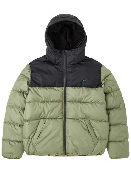 Puffer jacket, Vissla North Seas II, with sage green and black color-blocked recycled polyester fabric and hood.