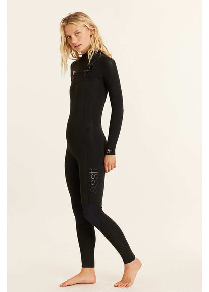 Sisstr 7 Seas 5/4 Chest Zip Wetsuit in black stretch neoprene with chest zip, long sleeves, and logo on leg.