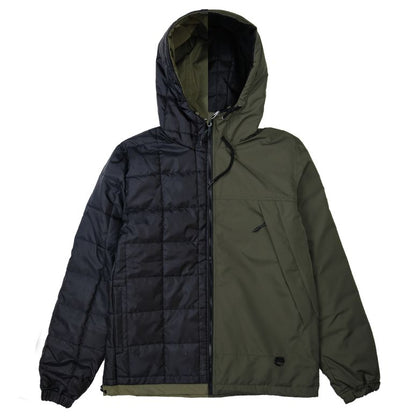 Vissla Kanen Reversible Jacket in black and olive green, with quilted and smooth panels, hood, pockets and front zip.