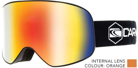 Carve low light lens snow goggle with orange mirrored lens, black adjustable strap, and black frame, reflective coating.