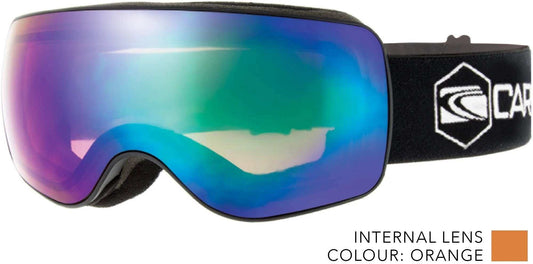 Carve RUSH goggles with a wide blue-purple mirrored lens, black adjustable strap, and black foam padding frame.