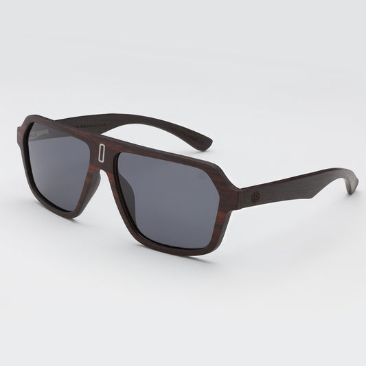 close up image of some black wood framed sunglasses