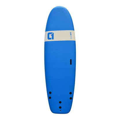 7ft x 25in Beginner Surf School softboard surfboard, bright blue with a white logo band and black fin plugs.