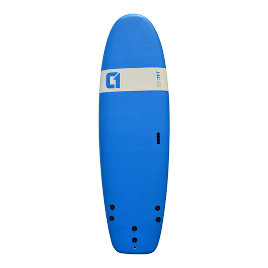 7ft x 25in Beginner Surf School softboard surfboard, bright blue with a white logo band and black fin plugs.