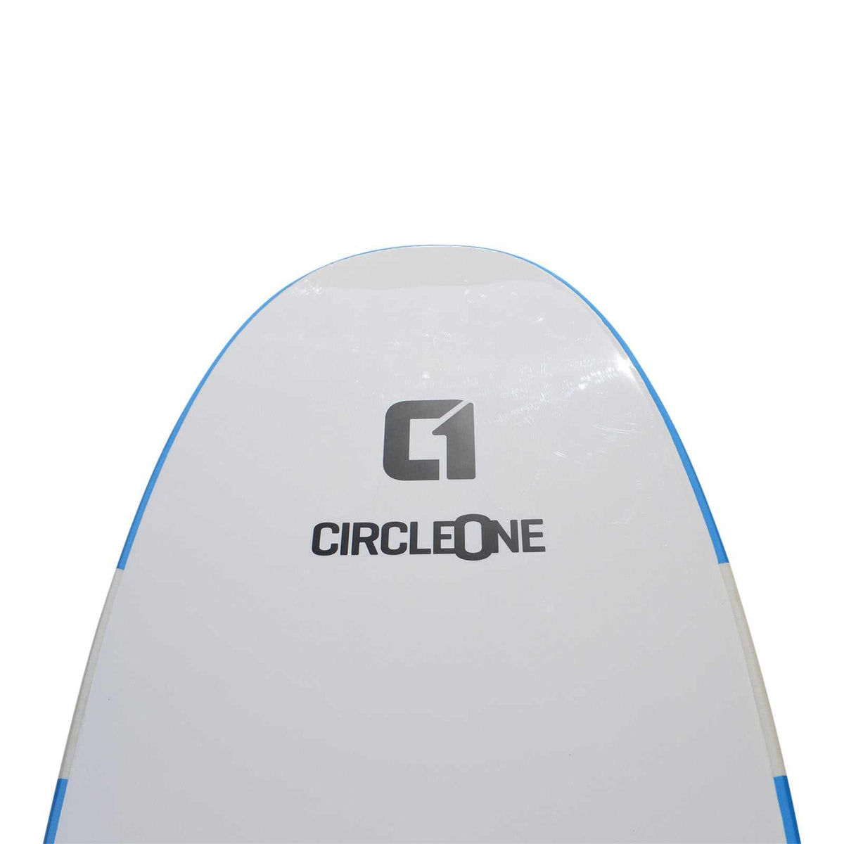 Surfboard, 7ft x 25in Beginner Surf School softboard with a wide white deck, blue edge trim and black Circle One logo.