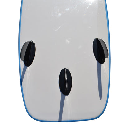 Surfboard, 7ft x 25in Beginner Surf School softboard with a white underside, blue edging and three black fins