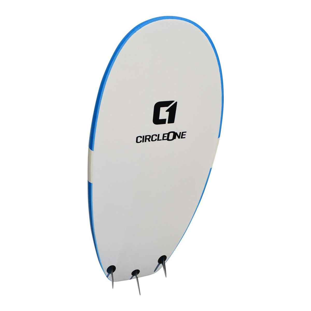 7ft x 25in Beginner Surf School softboard, white foam with bright blue edging, black Circle One logo and three fins.