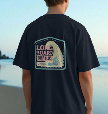 Union Long Board Surf Club men's oversized organic cotton t-shirt with size guide and sustainable production details