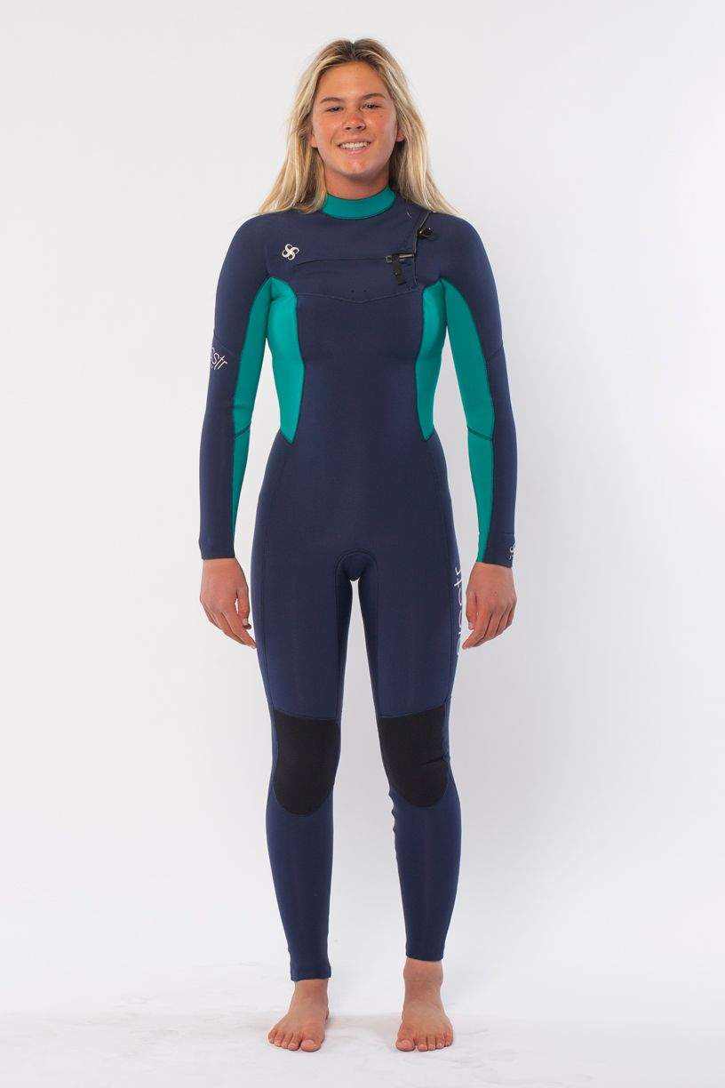 Sisstrevolution 7 seas navy and teal chest zip wetsuit for women with long sleeves, knee pads, and contoured fit