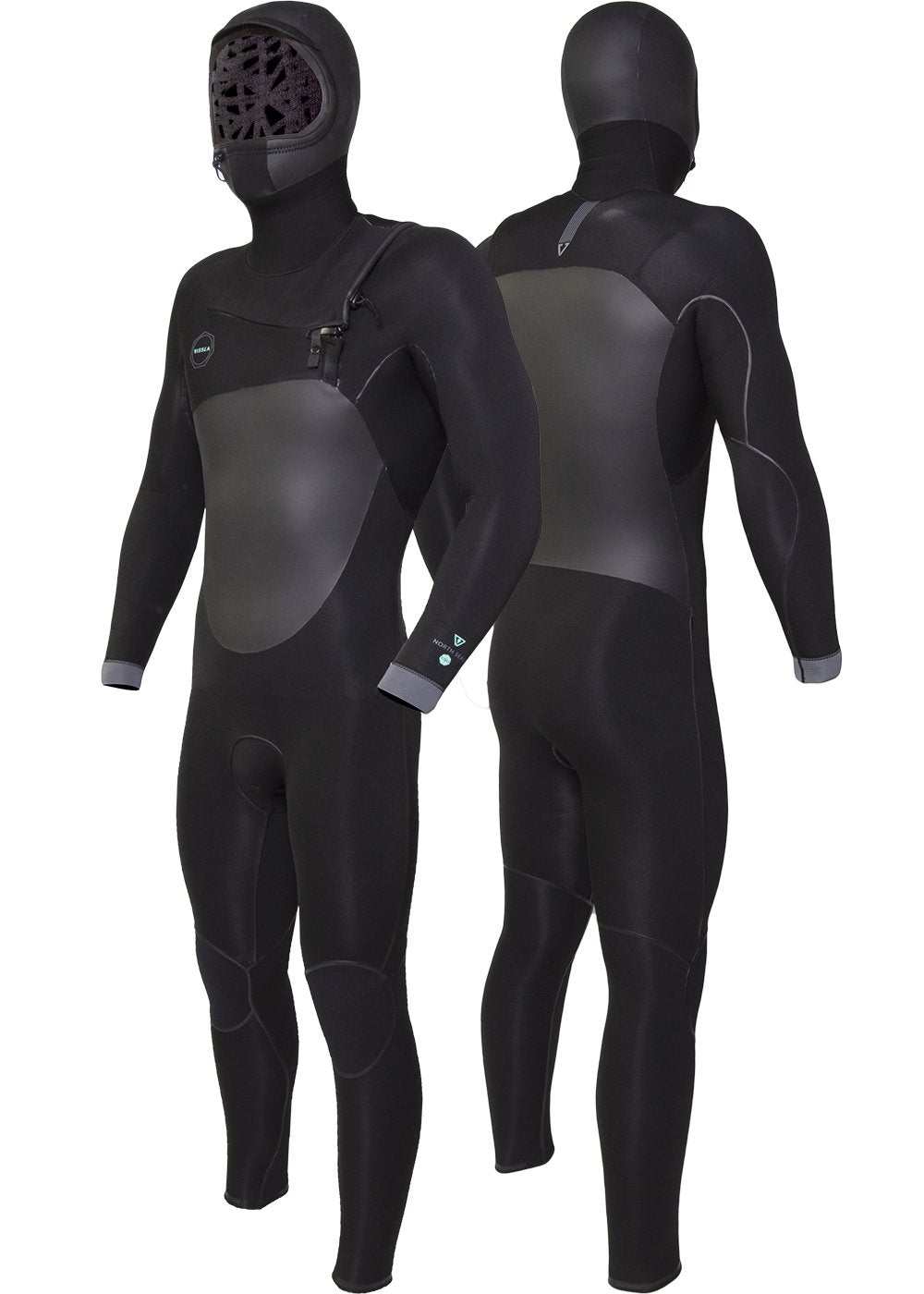 Vissla North Seas black and grey full hooded chest zip wetsuit with seamless design and thermal lining for cold water warmth.