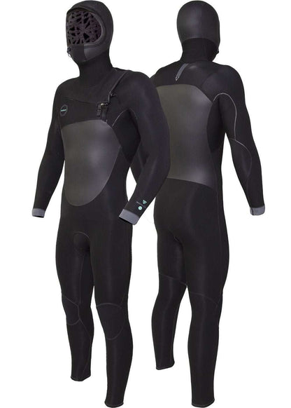 Vissla North Seas black and grey full hooded chest zip wetsuit with seamless design and thermal lining for cold water warmth.
