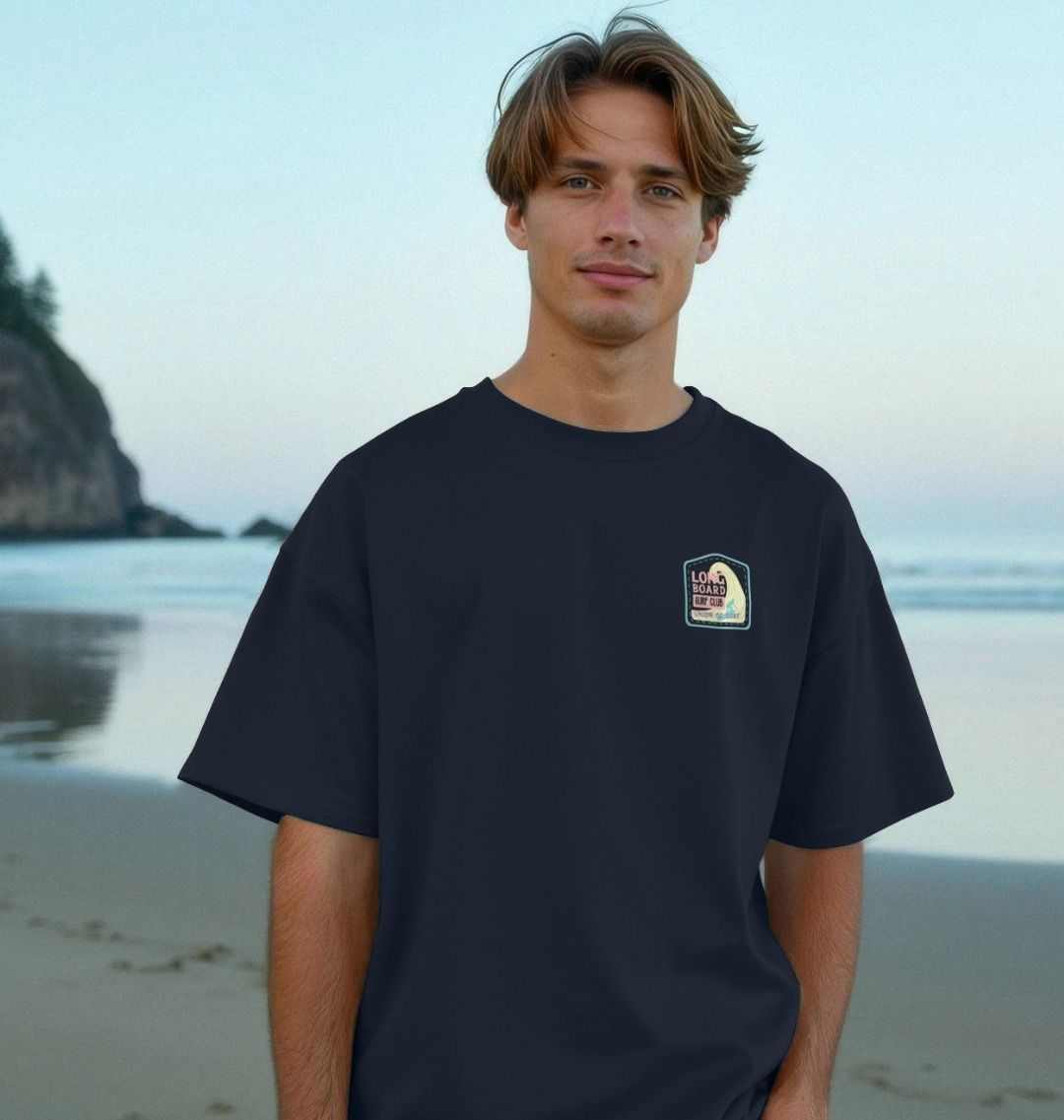 Union Long Board Surf Club oversized organic cotton T-shirt for men with size guide and sustainable production details