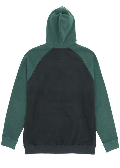 Vissla Andy Eco polar hoodie in deep green and black recycled polyester, with a color-blocked raglan design and kangaroo pocket.