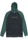 Vissla Andy Eco hoodie in dark charcoal and deep green fleece, with raglan sleeves, drawstring hood, and kangaroo pocket