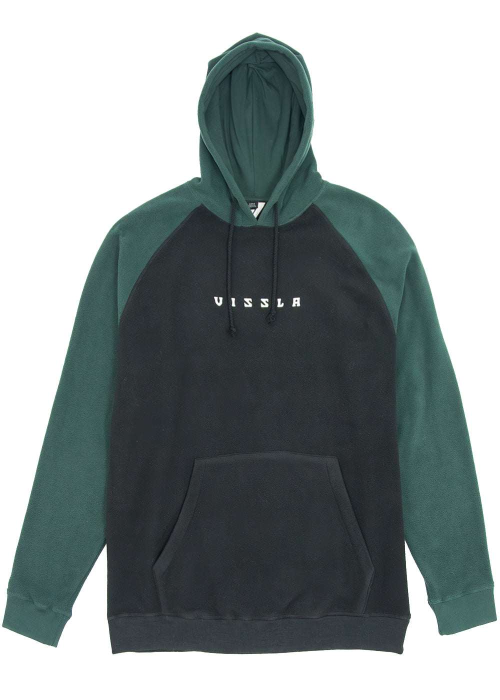 Vissla Andy Eco hoodie in dark charcoal and deep green fleece, with raglan sleeves, drawstring hood, and kangaroo pocket