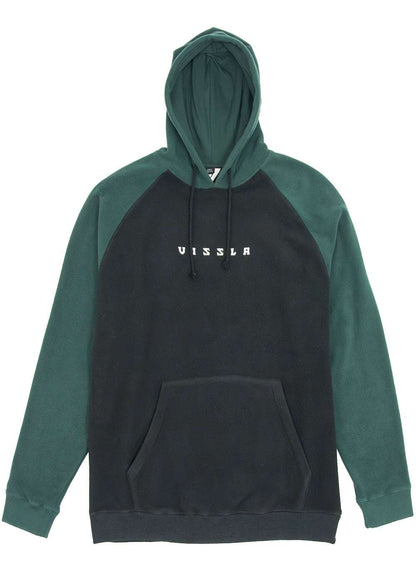 Vissla Andy Eco hoodie in dark charcoal and deep green fleece, with raglan sleeves, drawstring hood, and kangaroo pocket