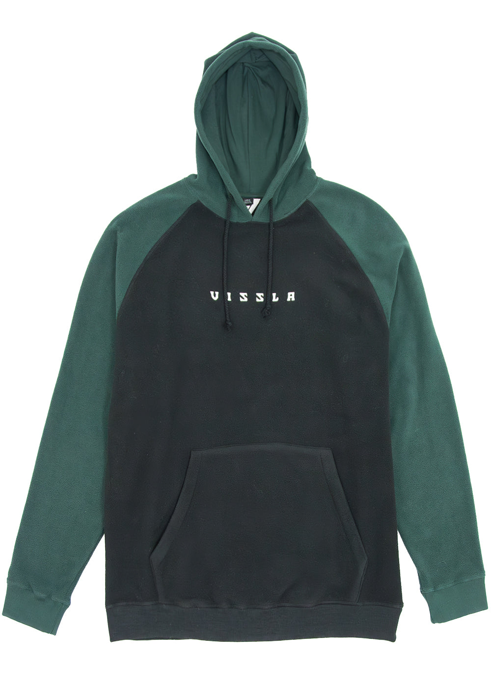 Vissla Andy Eco Polar Hoodie in dark teal and black recycled polyester, with raglan sleeves, drawstring hood, and kangaroo pocket.