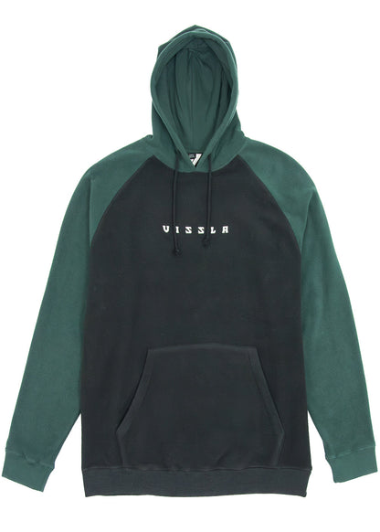 Vissla Andy Eco Polar Hoodie in dark teal and black recycled polyester, with raglan sleeves, drawstring hood, and kangaroo pocket.