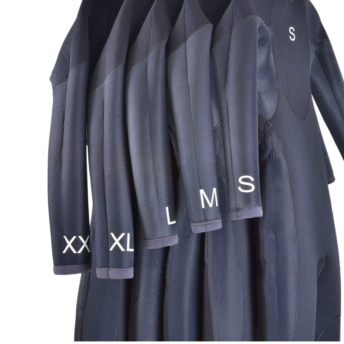 ARC 5/4mm KIDS wetsuit in dark navy neoprene, shown in overlapping sizes with white size lettering and reinforced panels.