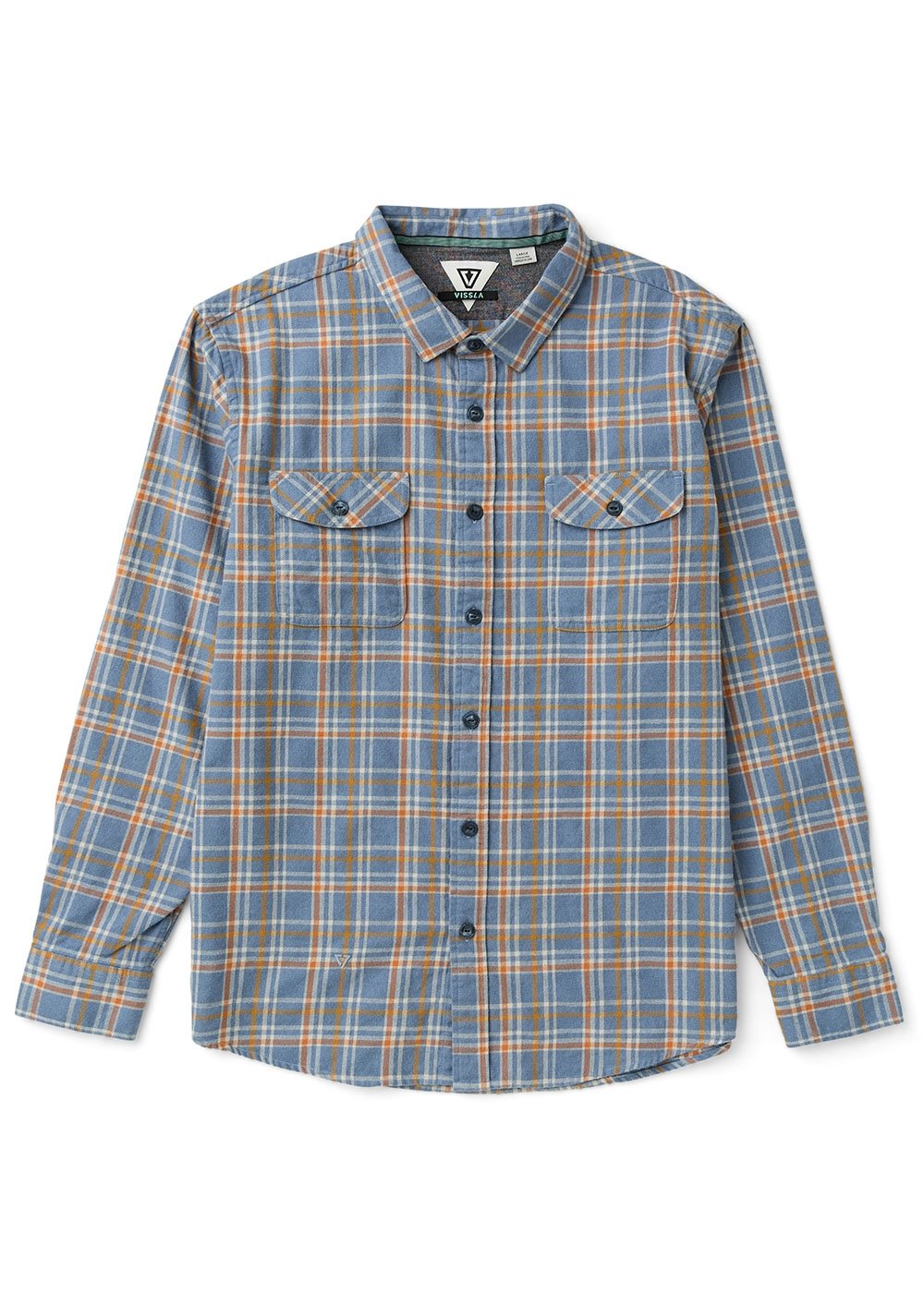 Vissla Central Coast Eco flannel shirt in blue and orange plaid, with a button front and two flap chest pockets.