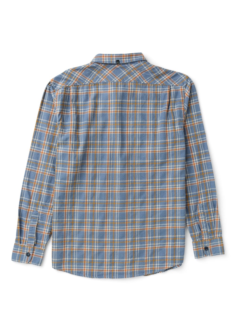 Vissla Central Coast Eco flannel shirt in blue and gray plaid with orange lines, long sleeves and button cuffs.