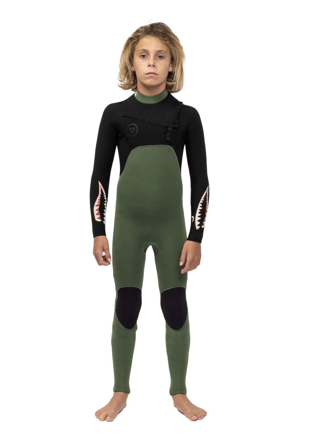 Vissla 7 Seas boys full chest zip wetsuit in black and olive green neoprene with shark tooth sleeve graphics and knee pads
