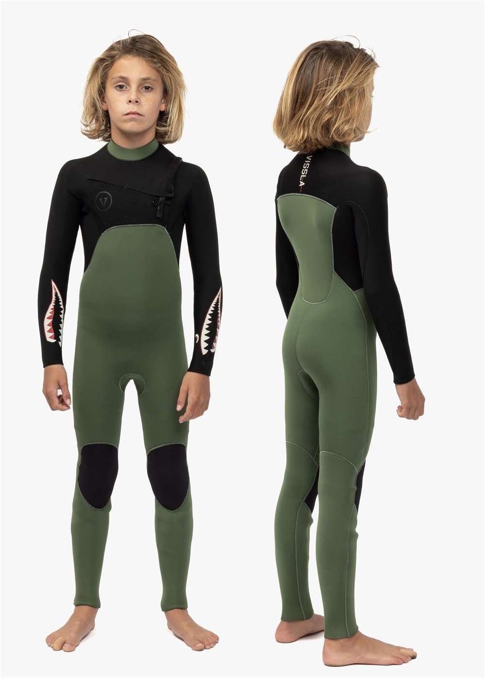 Vissla 7 Seas boys full chest zip wetsuit in green and black neoprene with shark teeth detail on sleeves and knee pads.