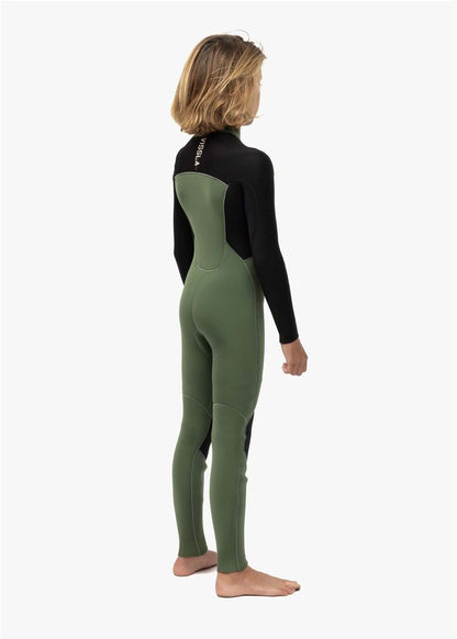 Vissla 7 Seas boys full chest zip wetsuit in black and olive green neoprene with long sleeves and contoured fit.