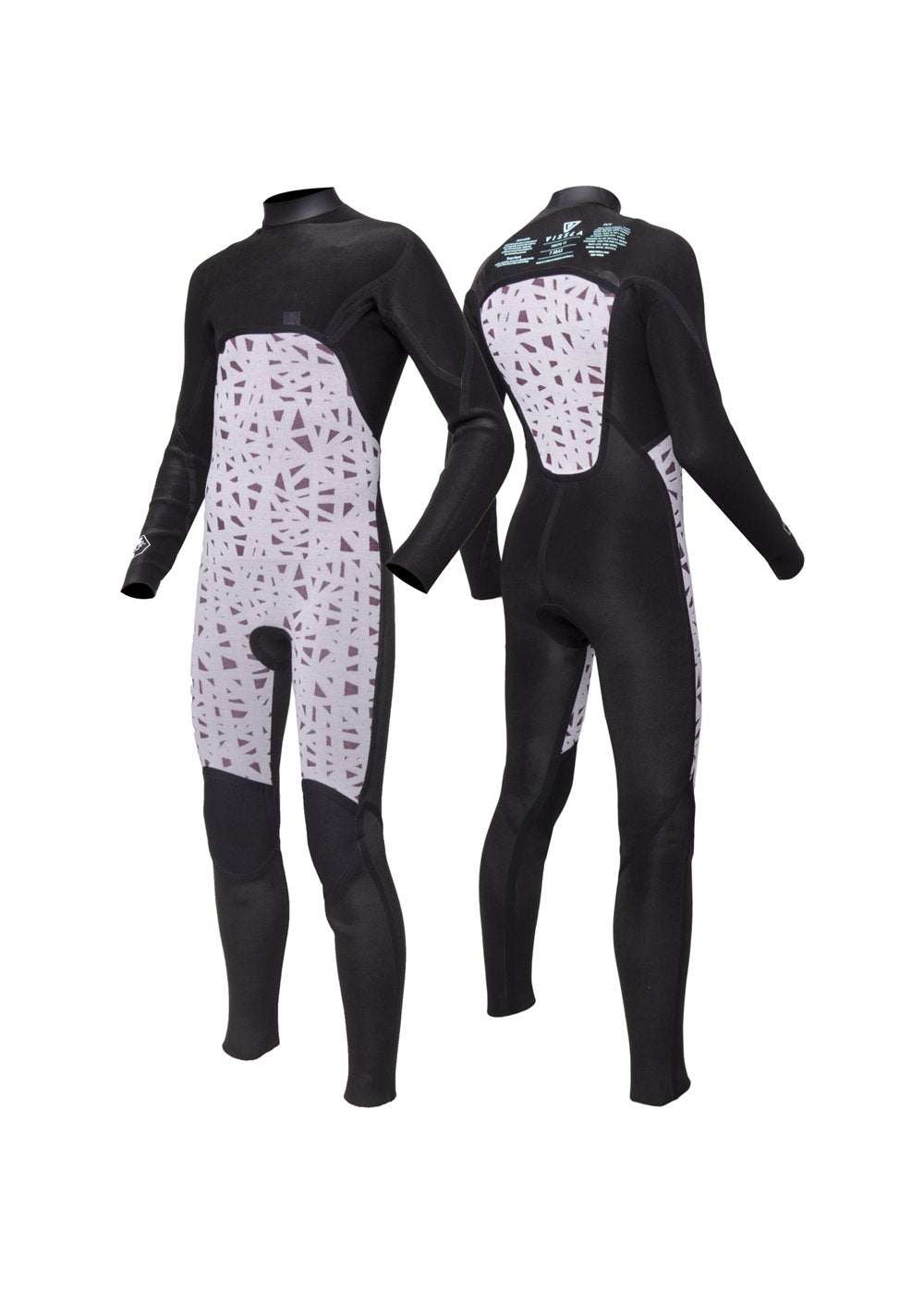Vissla 7 Seas boys full chest zip wetsuit in black with patterned grey panels, long sleeves, and ankle-length legs for warmth and stretch.
