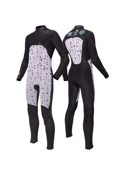Vissla 7 Seas boys full chest zip wetsuit in black with patterned grey panels, long sleeves, and ankle-length legs for warmth and stretch.