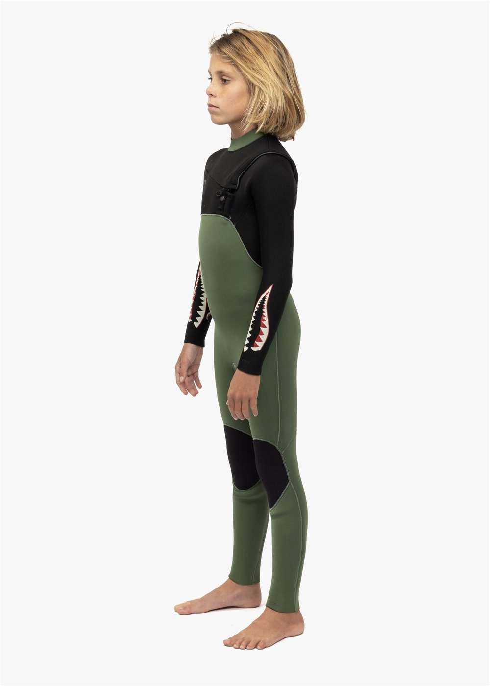 Vissla 7 Seas boys wetsuit in green and black neoprene with chest-zip, shark tooth pattern on sleeves, and knee pads for durability