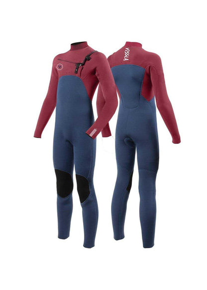 Vissla 7 Seas boys wetsuit in burgundy and navy with chest zip, knee pads, and stretch neoprene for warmth and flexibility