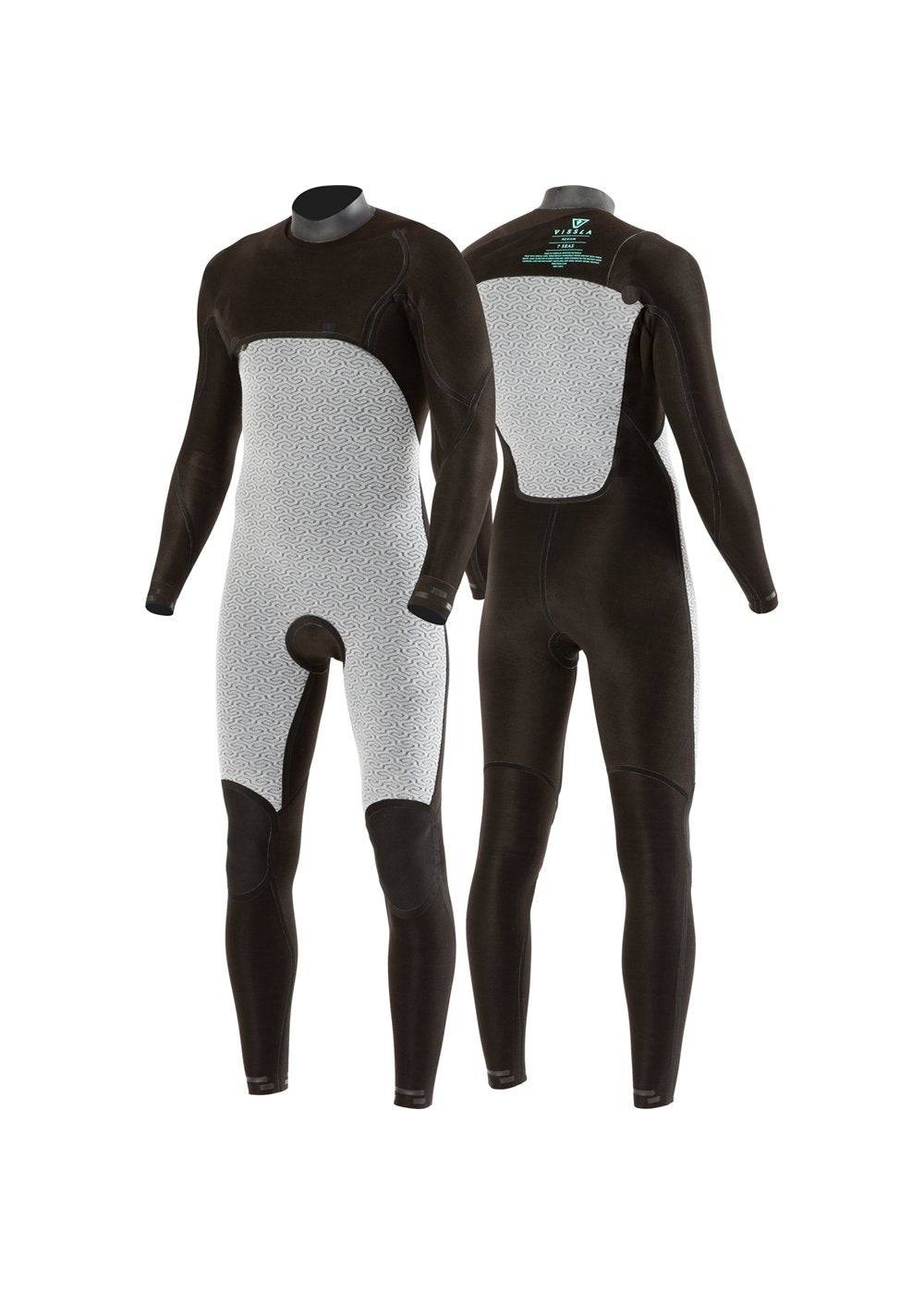 Vissla 7 Seas boys full wetsuit in black and light grey with chest zip, textured light grey panels, and long sleeves and legs.