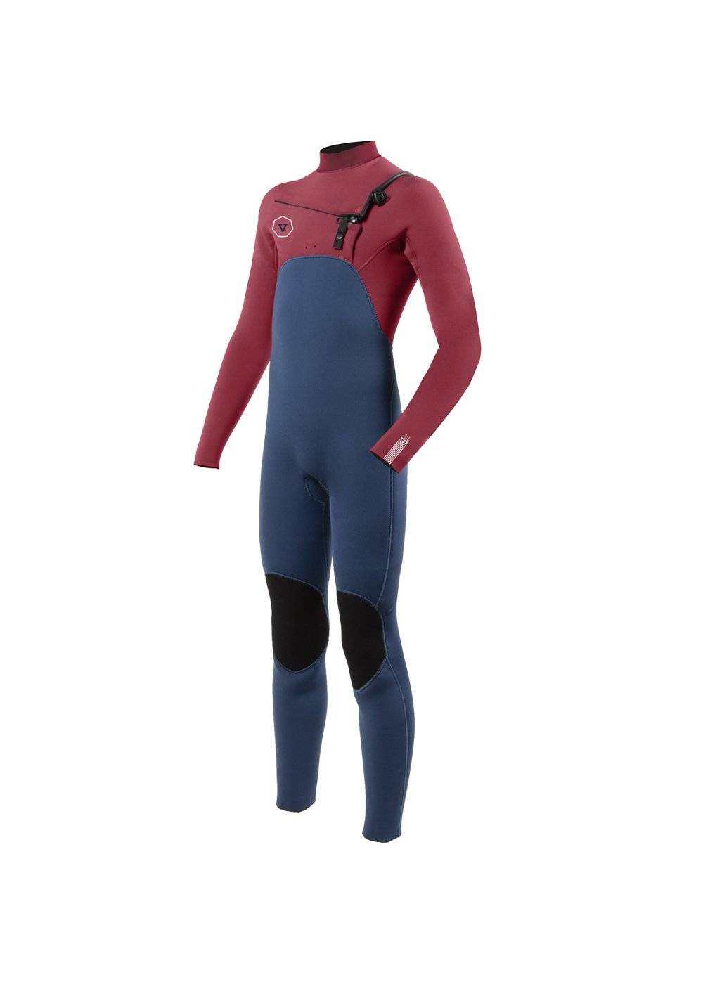Vissla 7 Seas boys full chest zip wetsuit in burgundy and navy blue neoprene with black knee pads and contoured fit design