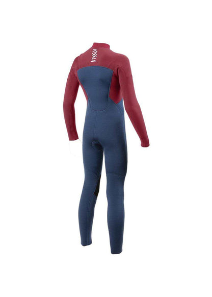 Vissla 7 Seas boys full chest zip wetsuit in navy blue and maroon with long sleeves and sealed seams for warmth and flexibility