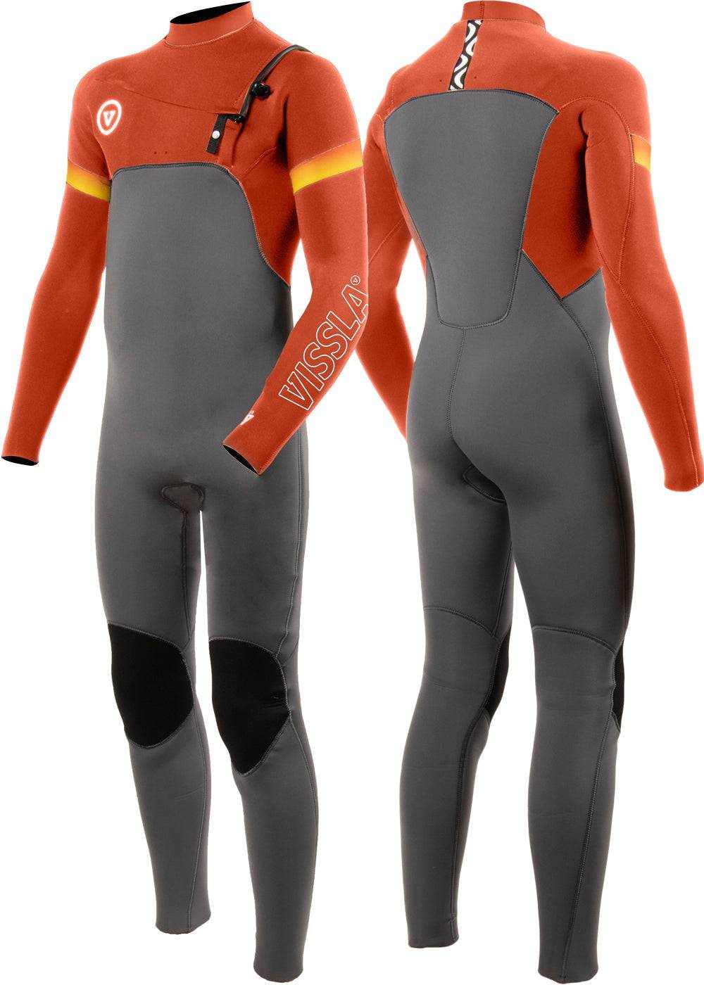 Vissla 7 Seas Boys full chest zip wetsuit in burnt orange and grey neoprene with black knee pads and front zip pocket detailing
