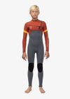 Vissla 7 Seas Boys wetsuit in rust red and gray neoprene with black knee pads, chest zip, and yellow arm stripes.