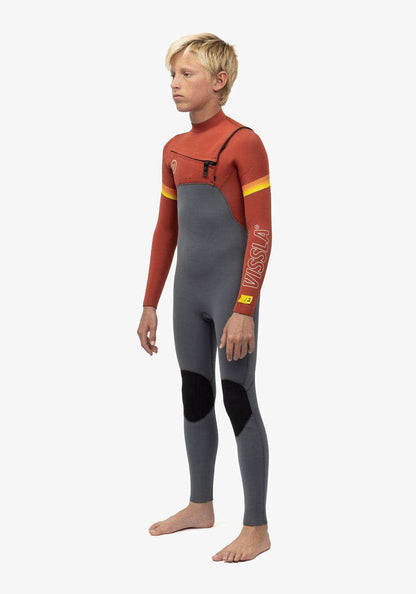 Vissla 7 Seas Boys full wetsuit in rust orange and gray neoprene with chest zip, yellow arm stripe, and black knee pads.