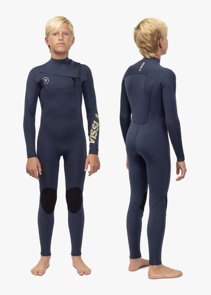 Vissla 7 Seas boys full-body wetsuit in navy blue with chest zip, black knee pads, and logo detail on sleeve and back collar