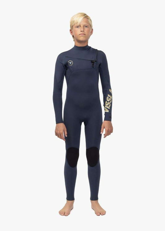 Vissla 7 Seas boys navy blue full-body wetsuit with chest zip, black knee pads, and logo print on sleeve, made of stretchy neoprene