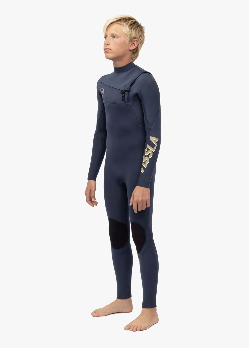 Vissla 7 Seas boys full chest zip wetsuit in navy blue with black knee pads and white logo on left sleeve made of stretch neoprene