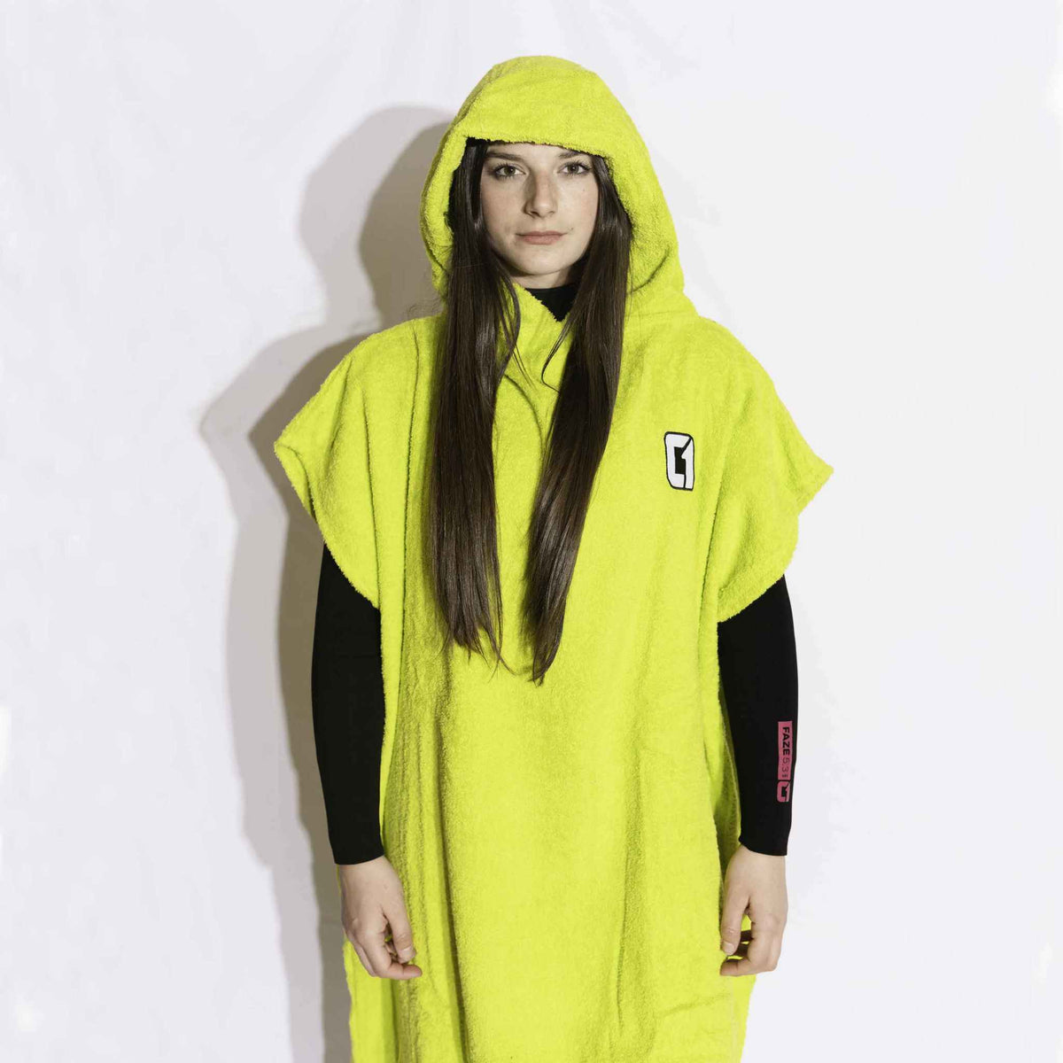 Hooded Towel Changing Robe in bright yellow towelling, with a roomy hood, short sleeves and a small chest logo.