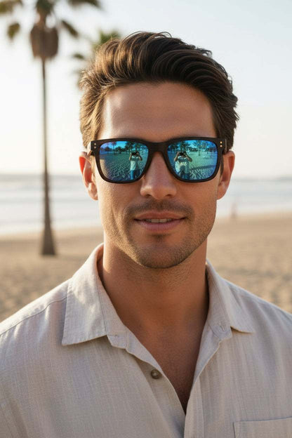 Fistral Black Wood sunglasses with black wood frame and blue polarized lenses