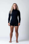 Premium Womens 2mm Back Zip Springsuit front view on model with clean lines and contrast panelling