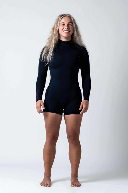 Premium Womens 2mm Back Zip Springsuit front view on model with clean lines and contrast panelling