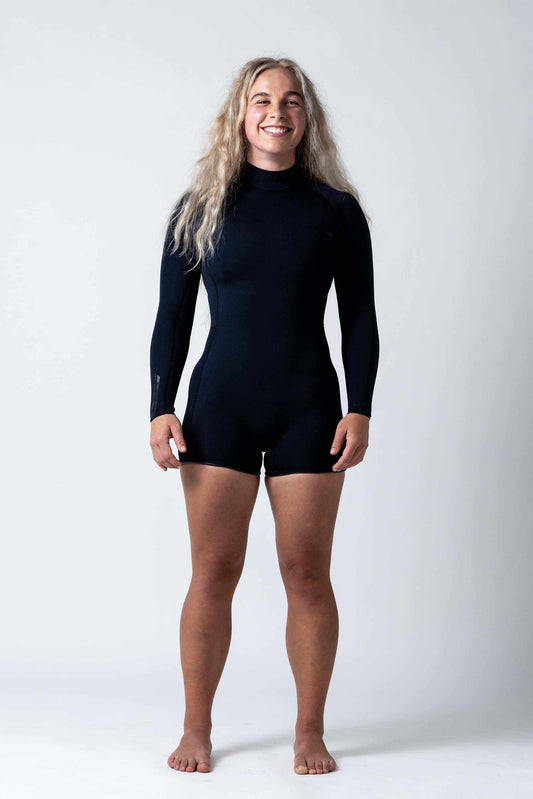 Premium Womens 2mm Back Zip Springsuit front view on model with clean lines and contrast panelling