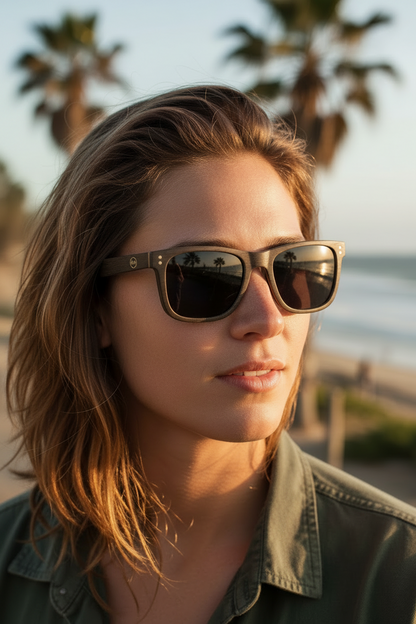 Fistral Black Wood sunglasses with black wood frame and blue polarized lenses