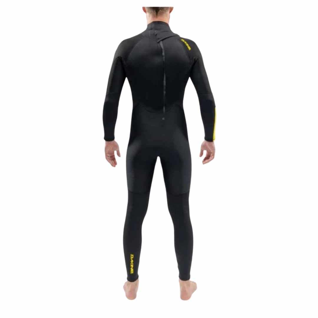 Dakine RTA Back Zip men's full wetsuit in black neoprene with yellow logo accents and reinforced abrasion panels.